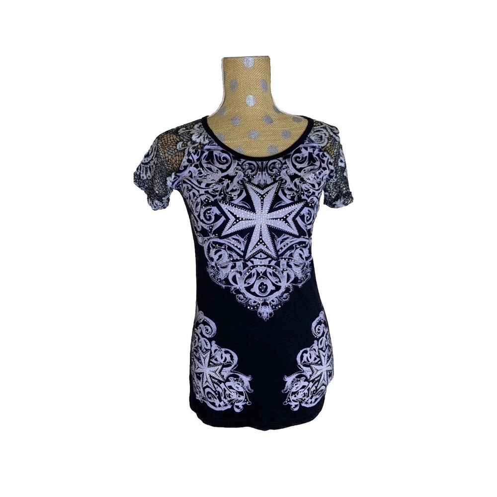 Vocal USA Y2K Shirt Women Small Black Tattoo  Rhinestones Cross Goth Grunge